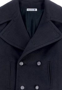 Cappotto peacoat in lana blu navy con bottoni doppi argentati, ampi risvolti, tasche laterali e una fodera interna liscia. L'etichetta riporta "Armor-kids."