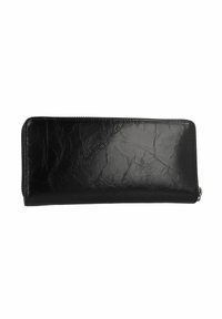 Portafoglio in pelle nera con superficie testurizzata, chiusura a zip e forma rettangolare, caratterizzato da sottili pieghe e una finitura liscia.