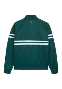 Green jacket with a high collar, made of lightweight material. Features two white horizontal stripes across the back and ribbed cuffs.