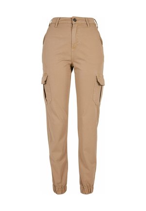 Beige cargo pants with elastic cuffs, front button and zipper closure, belt loops, side flap pockets, and a slim fit design.