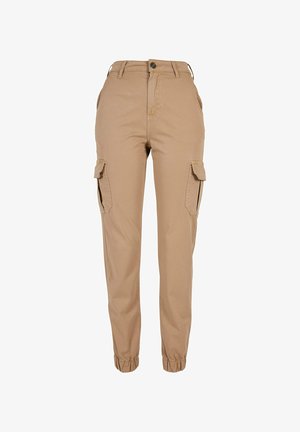 Bež cargo hlače s elastičnim manšetama, prednjim zatvaranjem na gumb i patentni zatvarač, petljama za remen, bočnim džepovima s preklopom i uskim krojem.