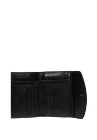 Portafoglio in pelle nera con più scomparti per carte, design elegante e chiusura a pressione. Tessuto liscio con dettagli di branding minimalista.