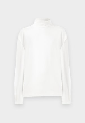 Balts garās piedurknes turtlenecks tops ar gludu tekstūru, ar augstu dekoltē un kritumu plecušuvēm, nodrošinot brīvu piegulšanu.