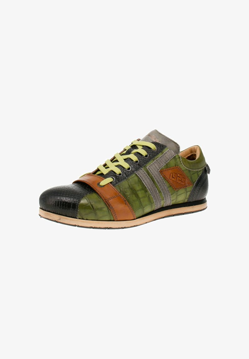 Lace-up sneaker with black, green, and brown patterned leather, contrasting grey accents, and lime green laces. Rubber sole and textured finish.