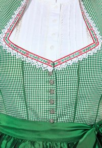 Vestido de cuadros verde con ribete de encaje blanco, cinta decorativa de flores y botones plateados. Cinturilla de satén verde y cuerpo plisado blanco.
