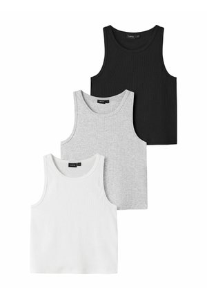 Trei topuri fără mâneci cu tivuri în negru, gri și alb, aranjate suprapuse pe un fundal alb.