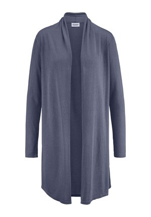 Langarmige, openvallende cardigan tot halverwege in zachte blauwe gebreide stof met een ontspannen pasvorm en kraagloos ontwerp.