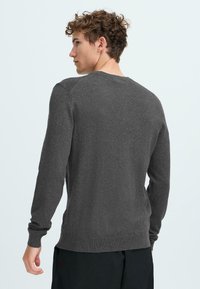 Jonge man met kort krullend haar, gekleed in een effen donkergrijze longsleeve trui, weergegeven van achteren op een lichte achtergrond.