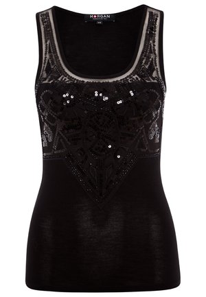 Czarny bezrękawnik z dekoltem w kształcie litery U oraz misternymi zdobieniami z cekinów ułożonymi w geometryczne wzory na klatce piersiowej.