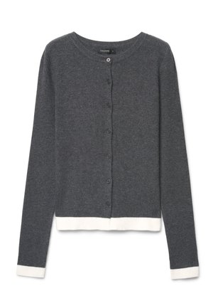 Cardigan gris foncé à manches longues, boutonné, avec poignets et ourlet blancs, texture côtelée et encolure ronde.
