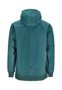 Turkooise capuchonjack met lange mouwen, geribbelde manchetten en zoom, en een zwart "SLADE" logo gedrukt nabij de onderkant aan de achterkant.