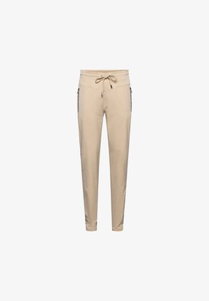 Beige tapsbroek met een elastische tailleband en trekkoord. Voorzien van zijzakken met rits en een gladde stof met een lichtgewicht textuur.
