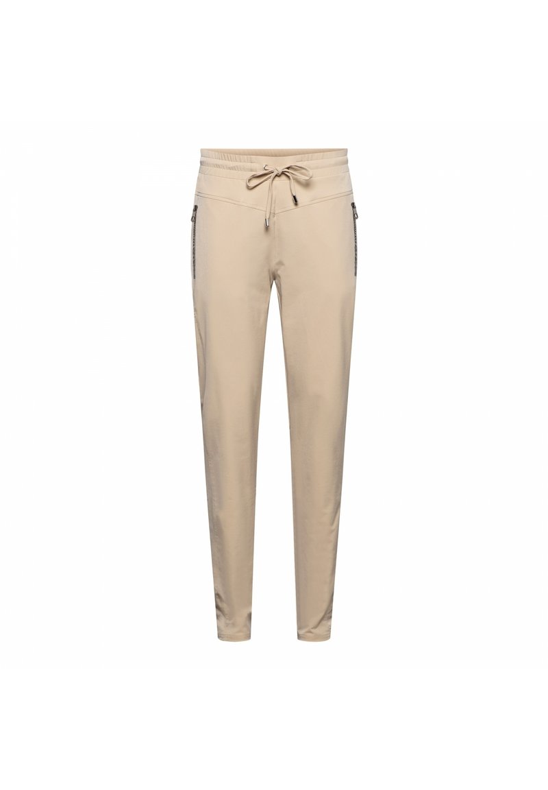 Beige tapsbroek met een elastische tailleband en trekkoord. Voorzien van zijzakken met rits en een gladde stof met een lichtgewicht textuur.