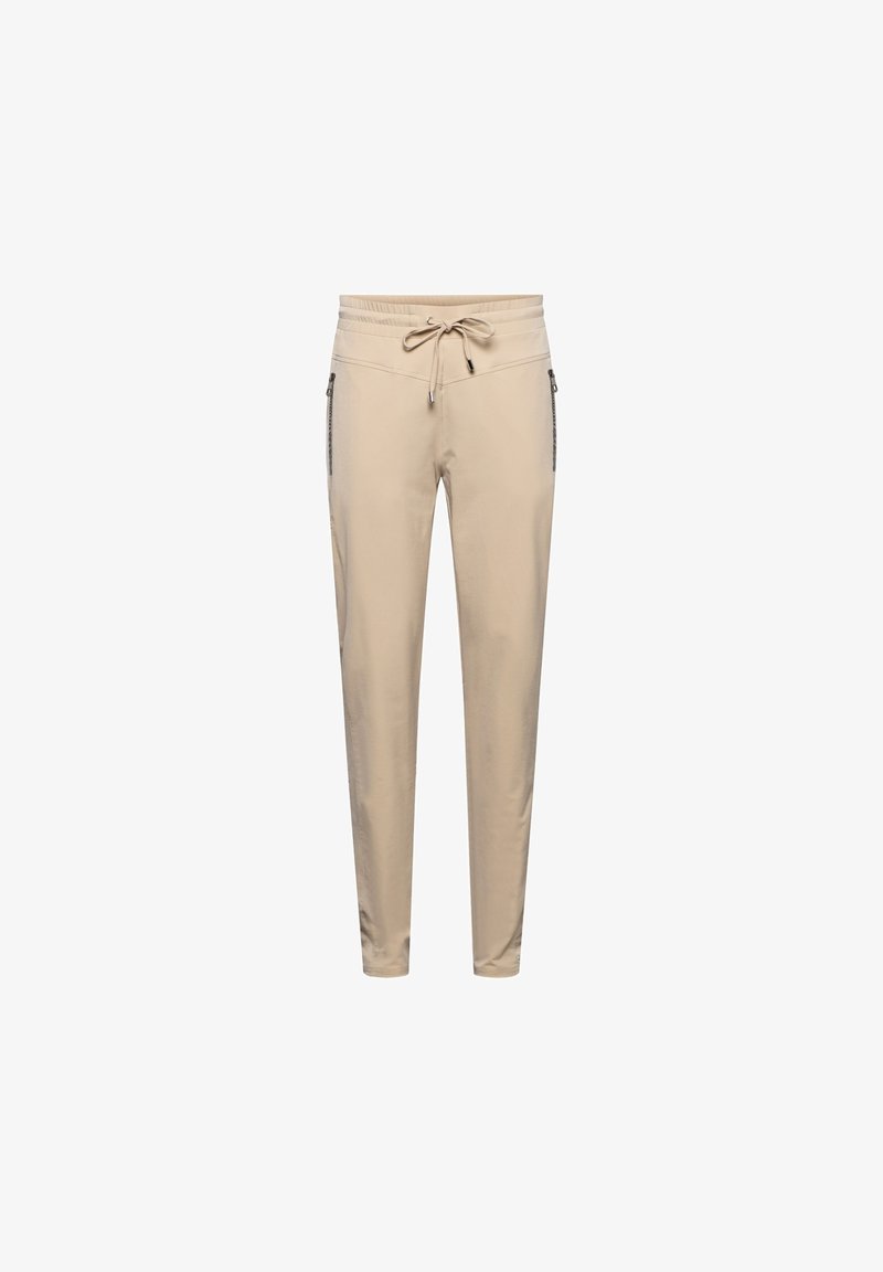 Beige tapsbroek met een elastische tailleband en trekkoord. Voorzien van zijzakken met rits en een gladde stof met een lichtgewicht textuur.