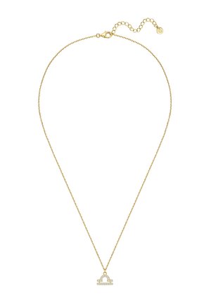 Collier en chaîne dorée avec un pendentif minimaliste en forme d'arc orné de petites pierres claires. Présente une chaîne ajustable avec un fermoir à homard.