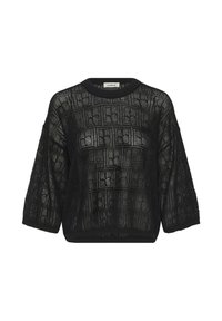 Melns brīvā adījuma pulovers ar ģeometrisku kvadrātu rakstu un trīs ceturtdaļu garuma piedurknēm.