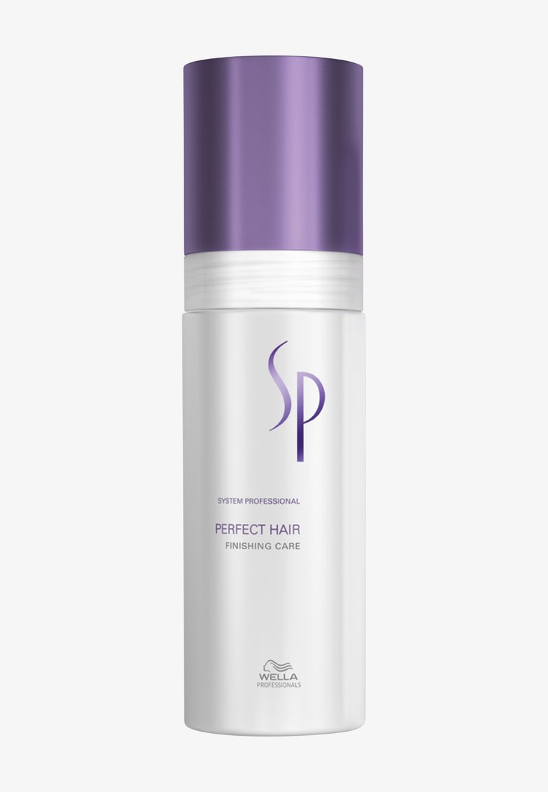Weiße Flasche von Wella Professionals System Professional Perfect Hair Finishing Care mit lila Verschluss und Logo vor einfachem Hintergrund.