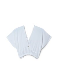 Top bianco corto con scollatura a V profonda, maniche corte a sbuffo e orlo elastico. Tessuto morbido e leggero con dettagli minimi.