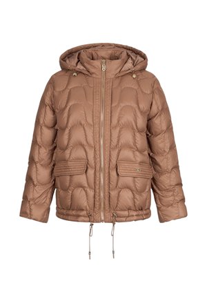 Giubbotto imbottito marrone con cappuccio, presenta una texture trapuntata, due tasche frontali, chiusura con cerniera e coulisse regolabili all'orlo.