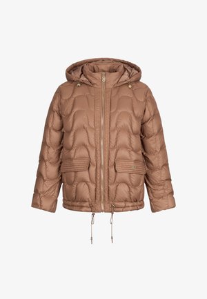 Giubbotto imbottito marrone con cappuccio, presenta una texture trapuntata, due tasche frontali, chiusura con cerniera e coulisse regolabili all'orlo.