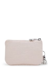 Pale pink zippered pouch with textured fabric, featuring a silver keychain charm attachment shaped like a teddy bear. Compact and portable.