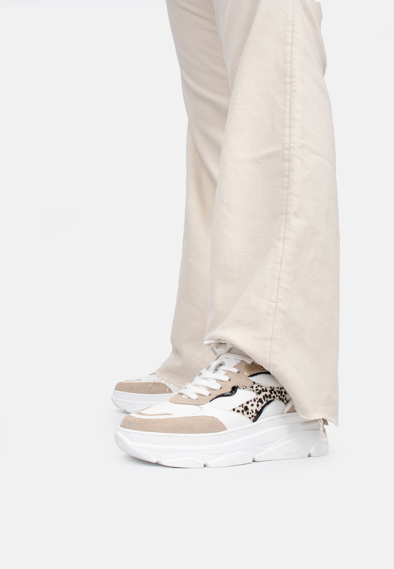 Chunky sneakers featuring beige and white panels with leopard print accents, textured material, and a thick white sole.