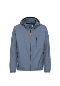 Blå letvægtsjakke med hætte, der har en lynlåslukning foran, brystlomme og orange detaljer på lynlåse og syninger. Glat tekstur.