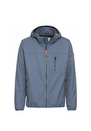 Lichte blauwe jas met capuchon, voorzien van een rits aan de voorkant, een borstzak en oranje accenten op de ritsen en stiksels. Gladde textuur.