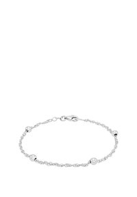 Bracciale in argento a catena torcigliante con quattro perle lisce in argento uniformemente distanziate e chiusura a moschettone su uno sfondo bianco.