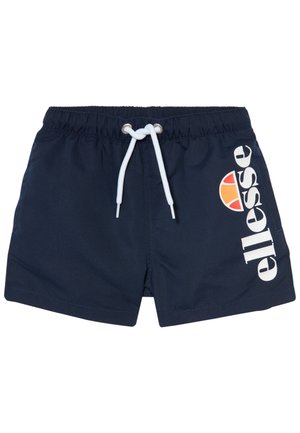 Pantaloni da bagno blu navy con cordino bianco, caratterizzati da un grande logo bianco "ellesse" e un accento circolare arancione e giallo. Texture liscia.