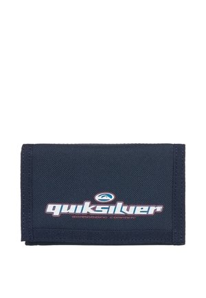 Portefeuille en tissu bleu marine avec un logo Quiksilver blanc et violet, et un petit motif de vague au-dessus du nom de la marque.