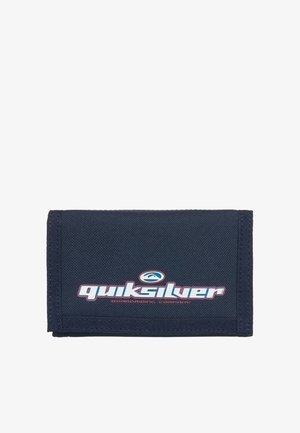 Navy blue fabric wallet with a white and purple Quiksilver logo and a small wave graphic above the brand name.