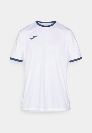 White athletic t-shirt with navy blue accents on the collar and sleeves. Made of smooth fabric, featuring a small logo on the chest.
