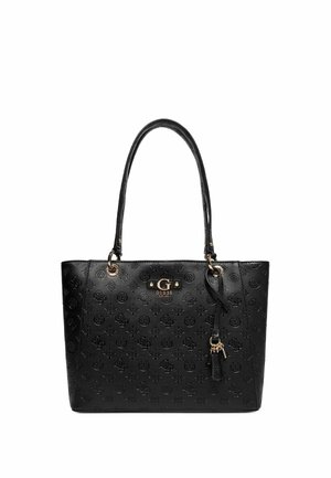 Sac fourre-tout noir Guess avec motif de logo en relief, doubles anses d'épaule, quincaillerie dorée et détail de porte-clés suspendu.