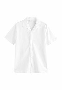 Kurzärmeliges weißes Hemd mit durchgehender Knopfleiste, verbreitetem Kragen, glatter Baumwolltextur und sechs Knöpfen vorne. Schlichtes und einfarbiges Design.