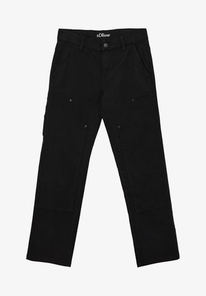 Pantaloni neri a gamba dritta con tasche laterali e sulle ginocchia, chiusura con bottoni, passanti per cintura e etichetta s.Oliver sulla fascia interna in vita.
