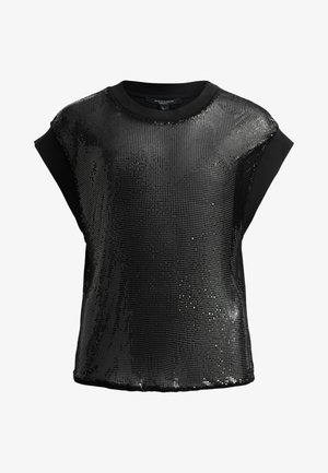 Mustapaita lyhyillä hihoilla, jossa on tyylikäs paljettietuosa ja yhtenäinen musta takakappale, pyöreä pääntie ja rento leptä.