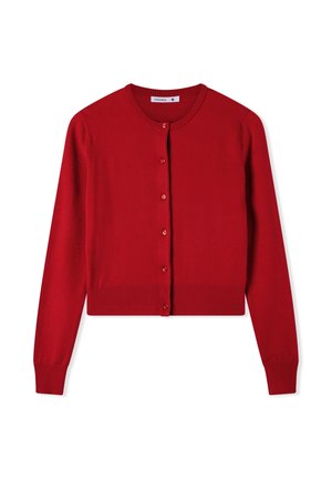 Cardigan rosso corto realizzato in morbido tessuto lavorato a maglia, con scollo rotondo, maniche lunghe e chiusura con bottoni coordinati sul davanti.