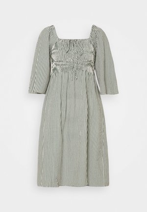 Green and white vertical striped midi dress with puffed three-quarter sleeves, smocked bodice, square neckline, and front tie detail.