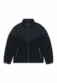 Marineblauwe gewatteerde jas met hoge kraag, ritssluiting en twee zijzakken. Heeft contrasterende paneelontwerpen en zilveren hardwareaccenten.