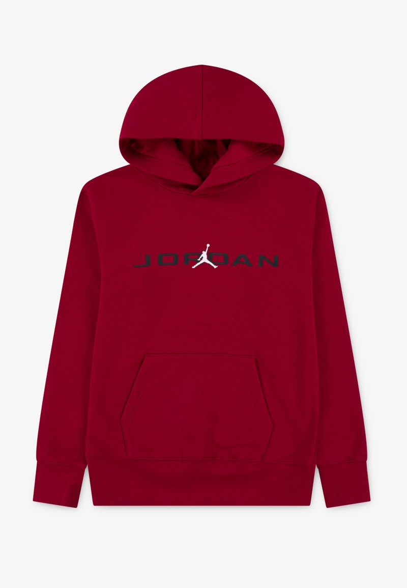 Červená mikina s kapucňou a klokaniem vreckom. Na prednej strane je čierny nápis "JORDAN" a biely logo Jumpman. Hladká bavlnená tkanina.