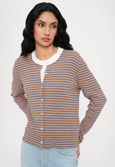 Striped cardigan in ribbed fabric, featuring multicolored stripes, buttons down the front, and a white round neckline.