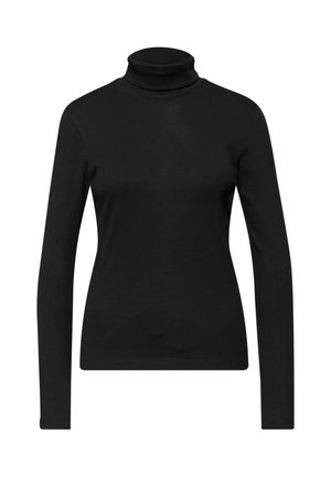 Suéter negro de cuello alto hecho de tela de canalé, con mangas largas y un diseño ajustado. Textura suave, sin patrones visibles ni herrajes.