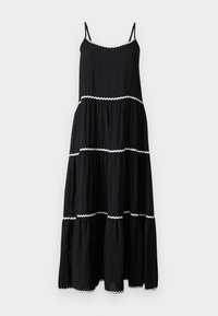 Robe noire à volants avec bretelles ajustables, bordure blanche en dentelle contrastante sur les couches, fabriquée en tissu léger avec une texture fluide.