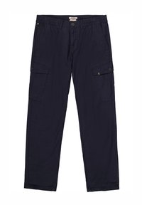 Marine cargobroek van lichtgewicht stof, met twee zijzakken, een knoopsluiting en een elastische tailleband voor comfort.