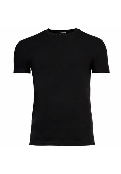 Maglietta nera a maniche corte con scollo a girocollo, vestibilità slim e senza loghi o motivi visibili, mostrata su uno sfondo bianco.