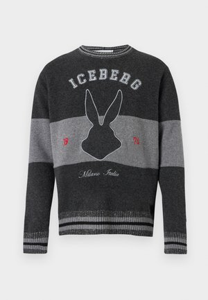 Homme portant un pull rayé noir et gris avec un logo de lapin, un pantalon noir large et des chaussures noires et blanches, debout sur un fond blanc.