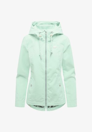 Giacca impermeabile da donna verde menta con cappuccio, cerniera frontale, cappuccio con coulisse e tasche laterali con bottoni automatici.