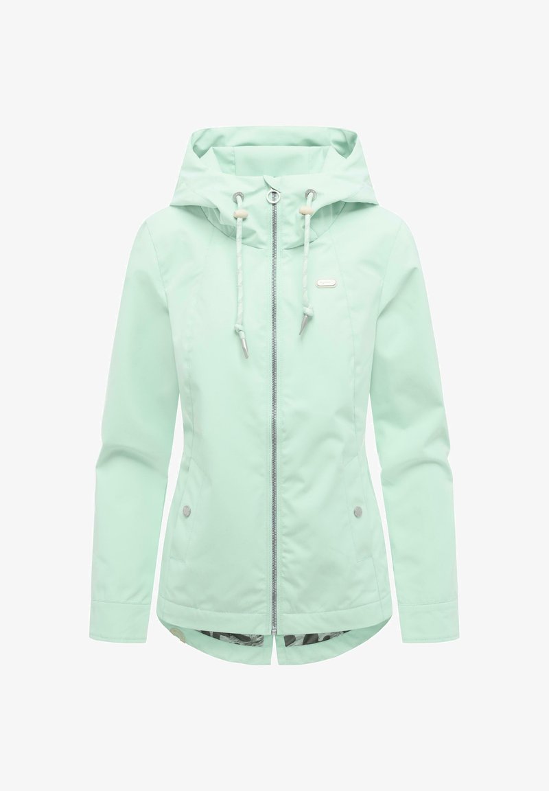 Veste de pluie à capuche pour femme, vert menthe, avec fermeture éclair avant, capuche avec cordon de serrage et poches latérales à boutons-pression.