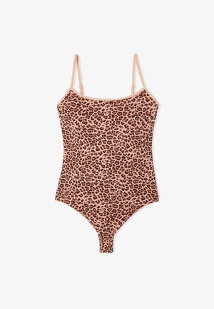 Body bez rękawów w panterkę z cienkimi regulowanymi ramiączkami i okrągłym dekoltem w odcieniach brązu i beżu.